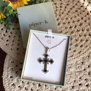 Piper.k Silver Cross Necklace with Black Stones